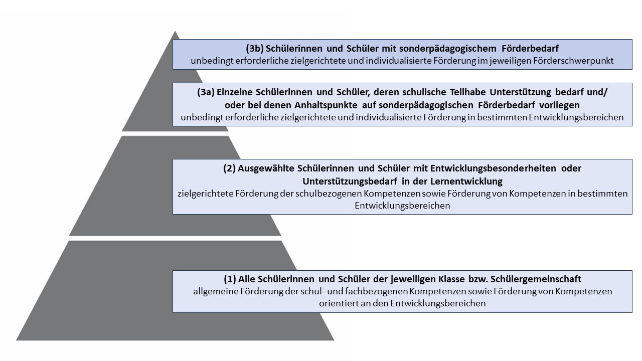 Ebenen Förderung: Erste Ebene, allgemeine Förderung aller Schüler Zweite Ebene, zielgerichtete Förderung ausgewählter Schüler Dritte Ebene, unbedingte, zielgerichtete Förderung einzelner Schüler Vierte Ebene, sonderpädagogische Förderung von Schülern